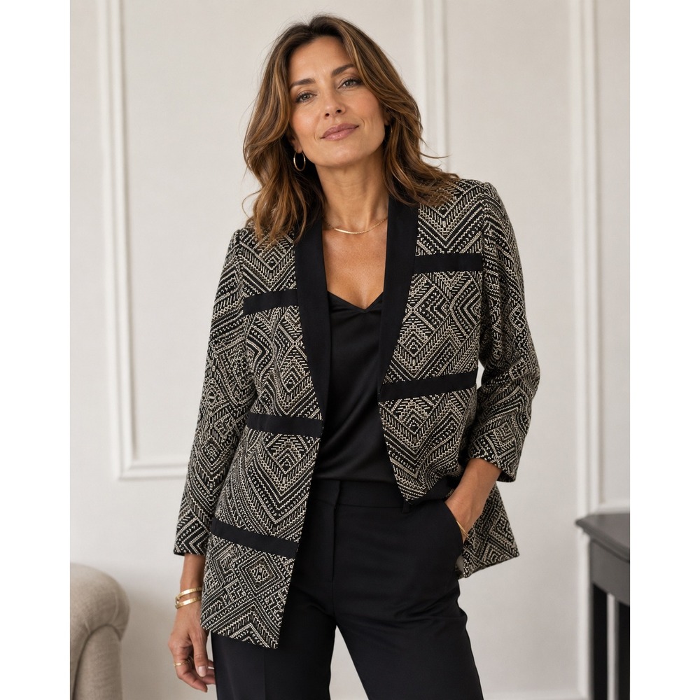 Chicos Black Label Black Gold Geometric Metallic Tapestry Jacket Womens 2P US LP